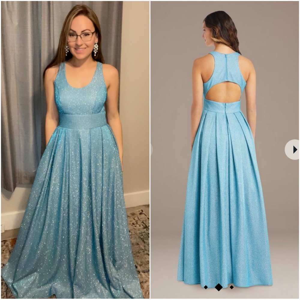 Aqua razor back ballgown with pockets